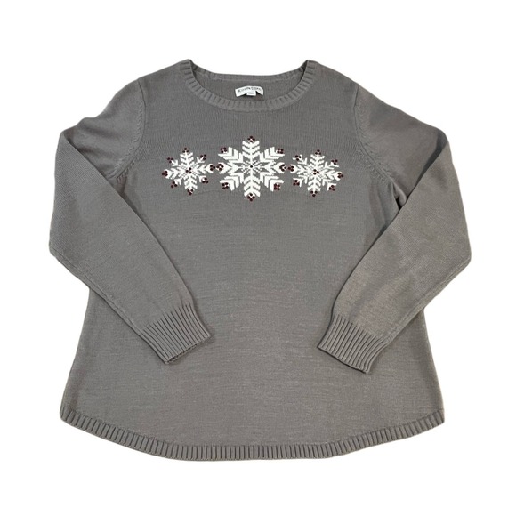 Women's Petite XL Gray Snowflake Sequin Knit Sweater Holiday Christmas Festive - Picture 2 of 6